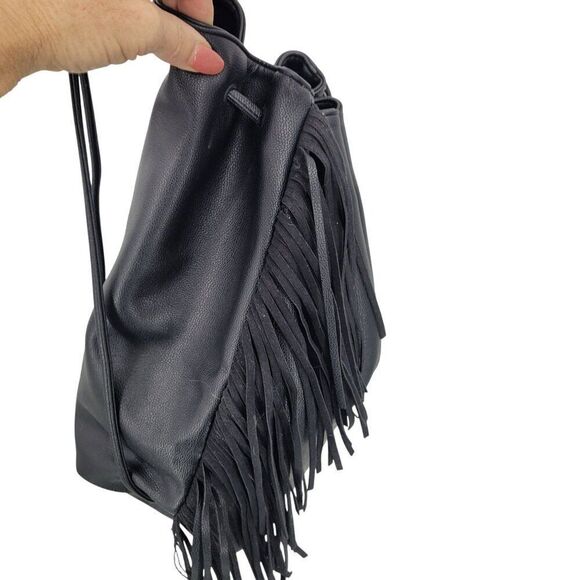 Victorias Secret Black Fringe Faux Leather Backpack Shoulder Bag Boho Biker - Picture 6 of 11